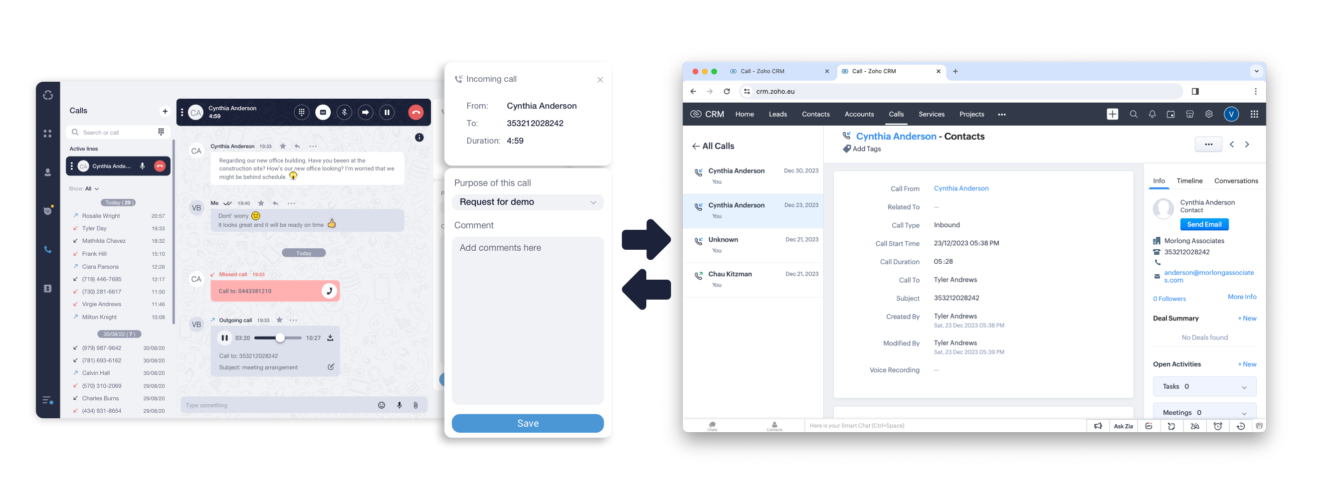 An image of a Ringotel app on top of a Zoho CRM web page.